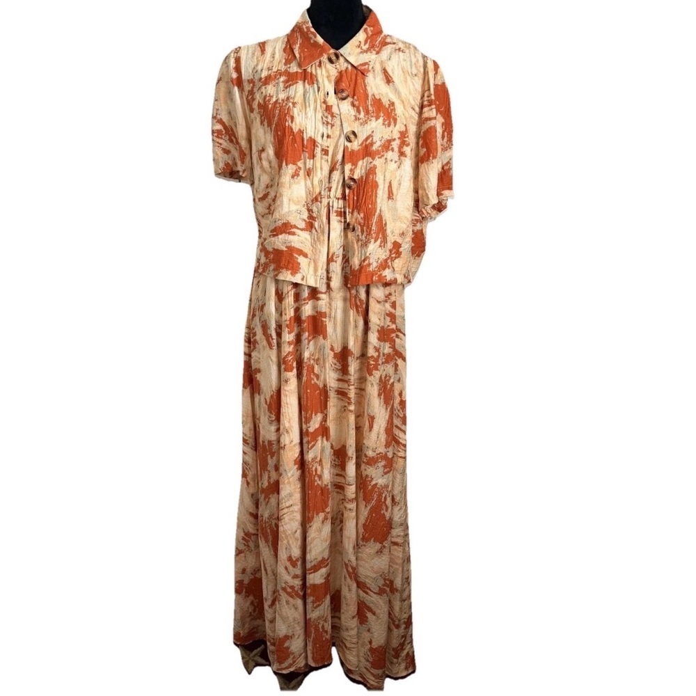 Boho Dress Set Womens 1XL Orange Tie Dye Maxi 2 Piece Shirt Casual Summer Resort